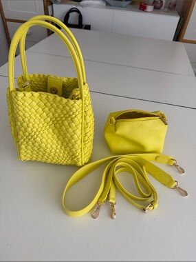 NEW Anthropologie Yellow Woven Bucket Mini Tote with Pouch and Strap